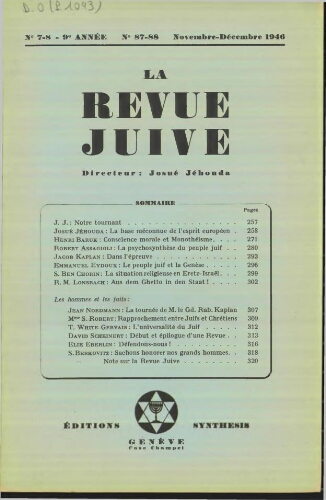 La Revue Juive de Genève. Vol. 9 n° 7-8 fasc. 87-88 (novembre-décembre 1946)